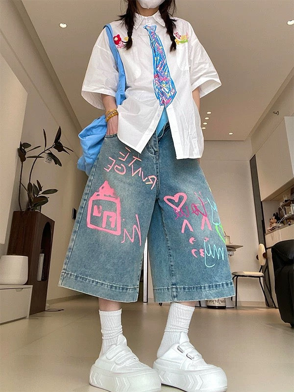 American retro graffiti cartoon print denim cropped pants women summer street hip-hop loose distressed shorts