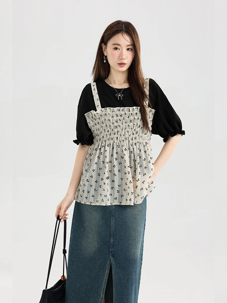 Love Rose Large Size Fat mm Slim Short Sleeve T-shirt Women 2024 New Fake Two-piece Summer Slightly Fat Wear Floral Top