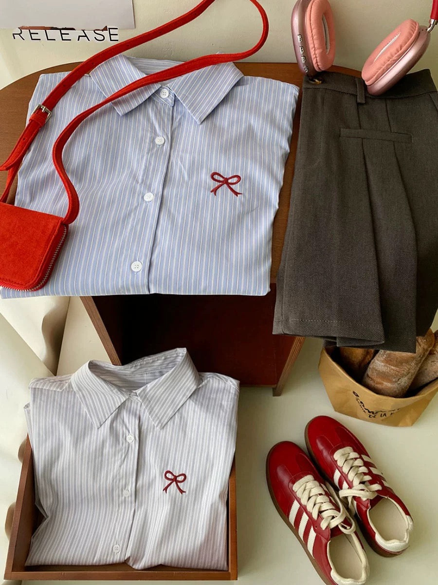 Korean blue striped bow embroidered long-sleeved shirt for women in spring and autumn, retro style shirt top for inner and outer wear