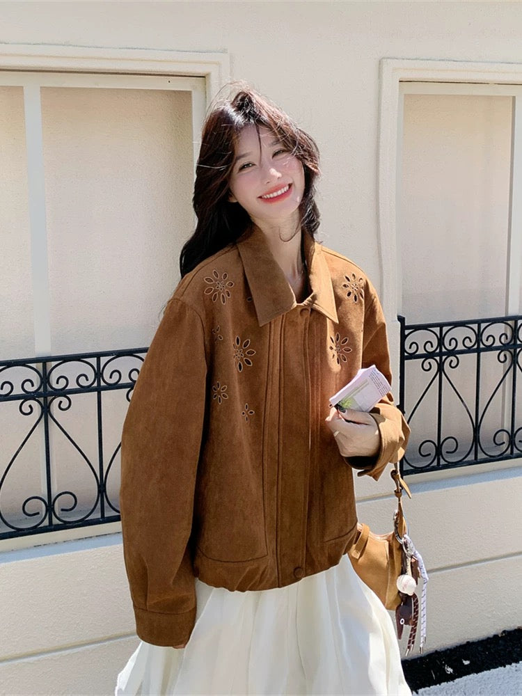 French Khaki Lapel Loose Suede Short Jacket Women Spring and Autumn 2025 New Small Size Popular Great Looking
