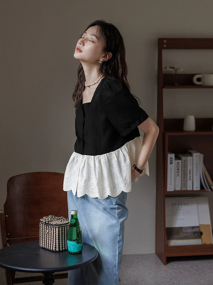 Love Rose Large Size French Short Sleeve Babydoll Slightly Fat Belly Covering Top Women's Summer Slim Fat mm Square Neck Shirt
