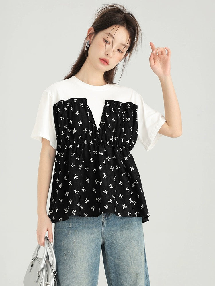Love Rose Large Size Summer Dress for Fat mm Slim Bow Tie Shirt Women's High-Waist Stitching Fake Two-piece Top