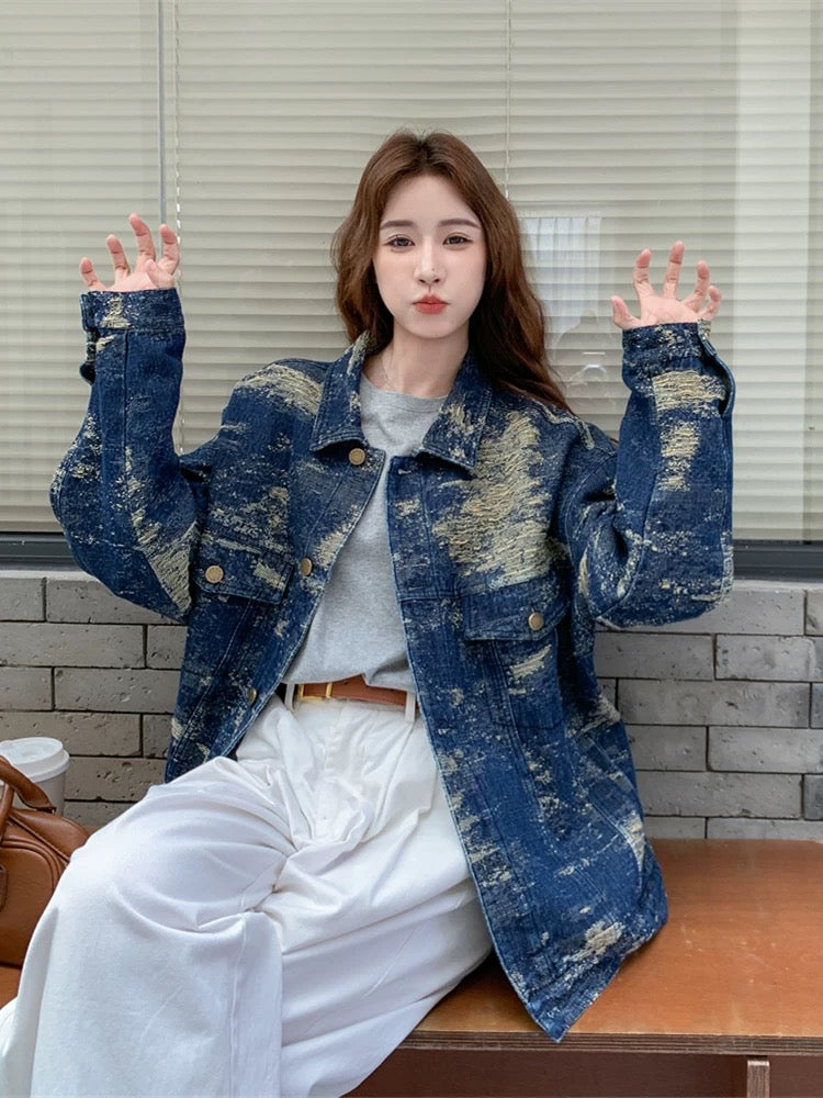 Retro casual distressed lapel denim jacket for women spring and autumn 2025 new street style design niche jacket tops