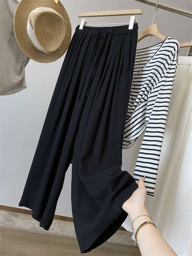 IN BLUE 25 new summer lyocell linen elastic high waist tie drape wide leg casual linen pants