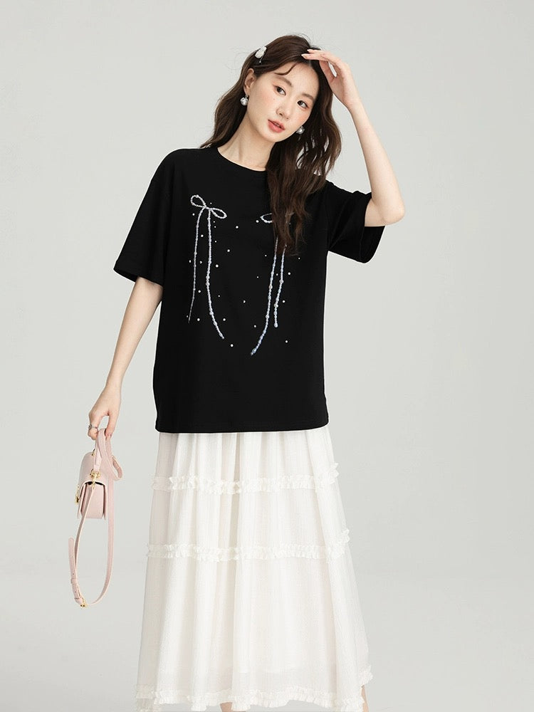 Love Rose large size fat mm bow printed short-sleeved T-shirt 2024 new summer fashionable and sweet top