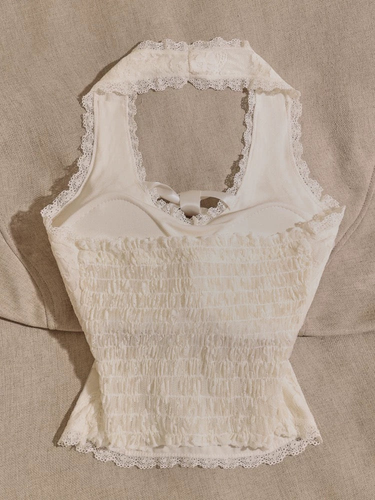 Sweet and spicy chic halter neck lace camisole for women with waist-hugging sexy short sleeveless top