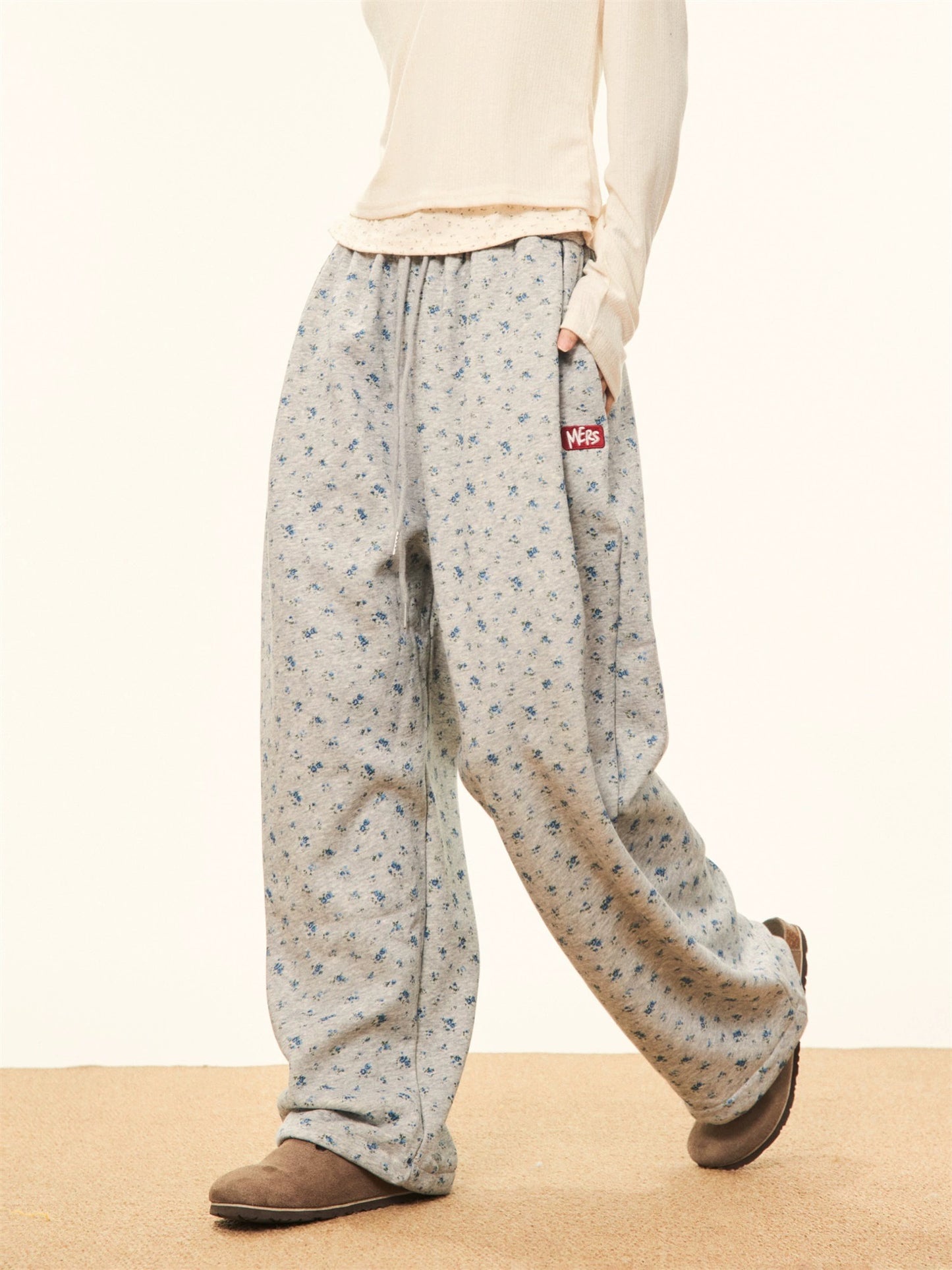 MAIKAO American retro small floral plus velvet wide-leg pants for women in winter, loose straight casual pants for small people