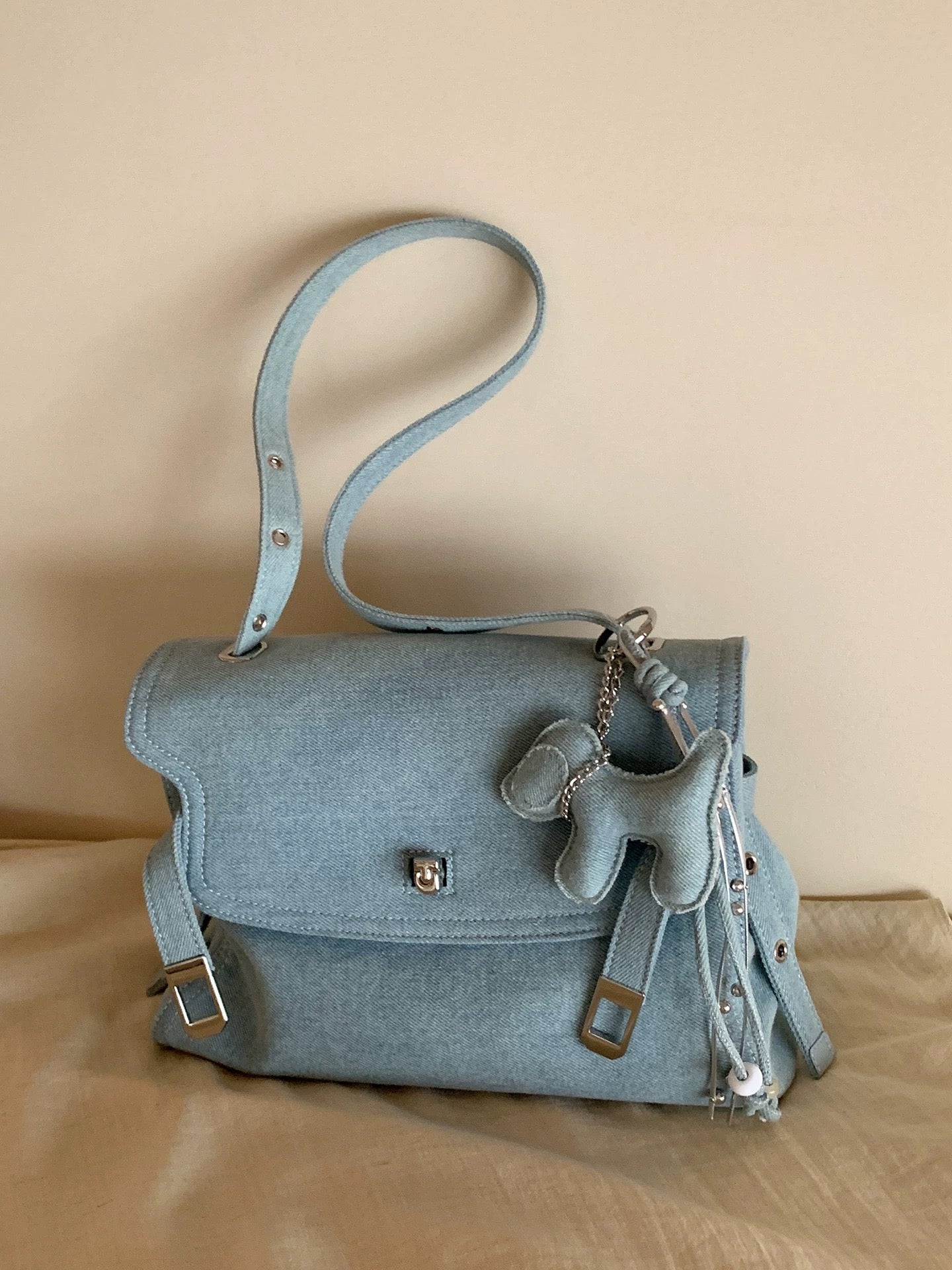 Chio2nd Denim Tote Bag for Women, Vintage Washed Denim Blue, Shoulder Bag, Crossbody Bag for Commuters