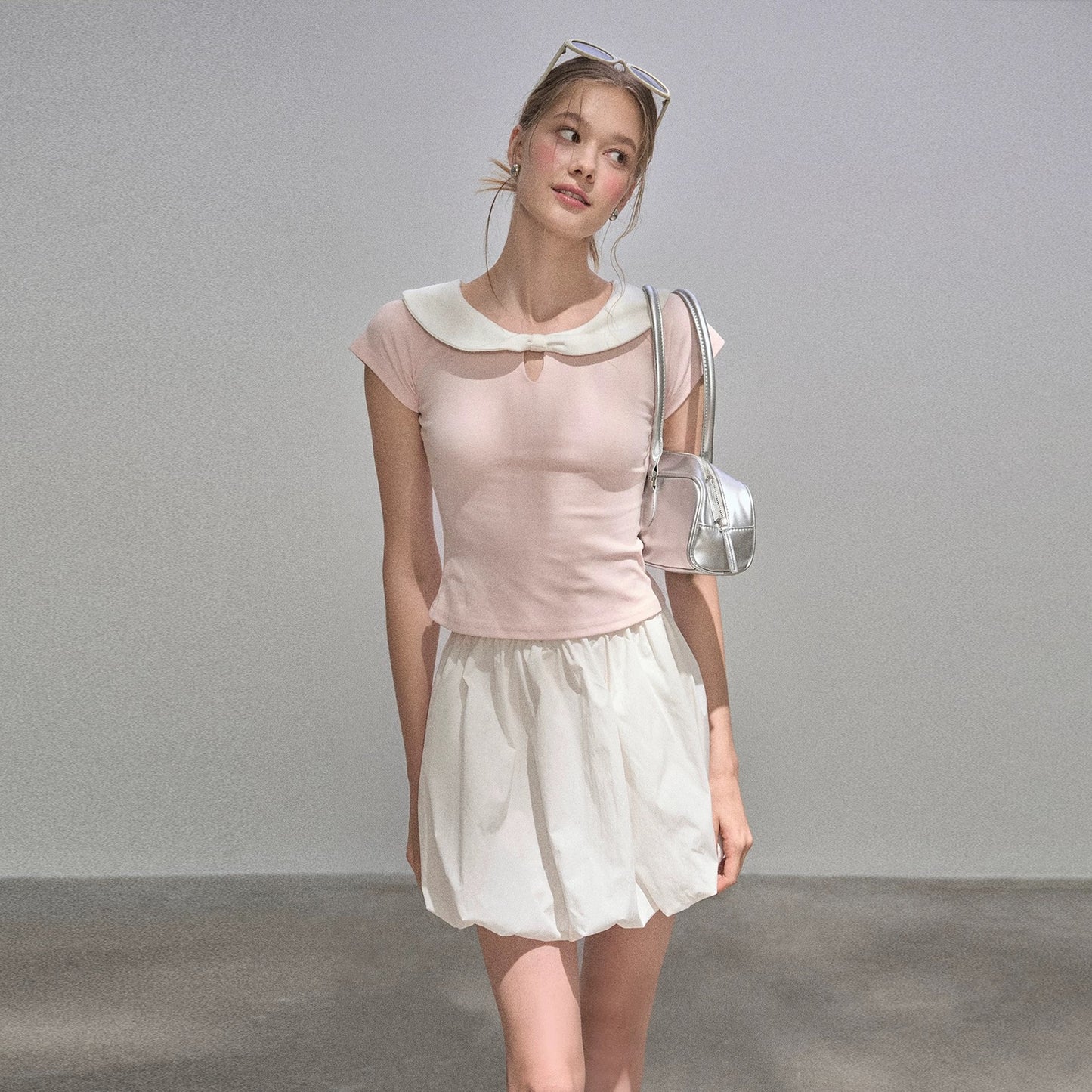 "Narrative Realm" Color Block Slim Fit Peter Pan Collar Short Sleeve T-Shirt Women's Summer New Style Slim Fit Short Shoulder Top