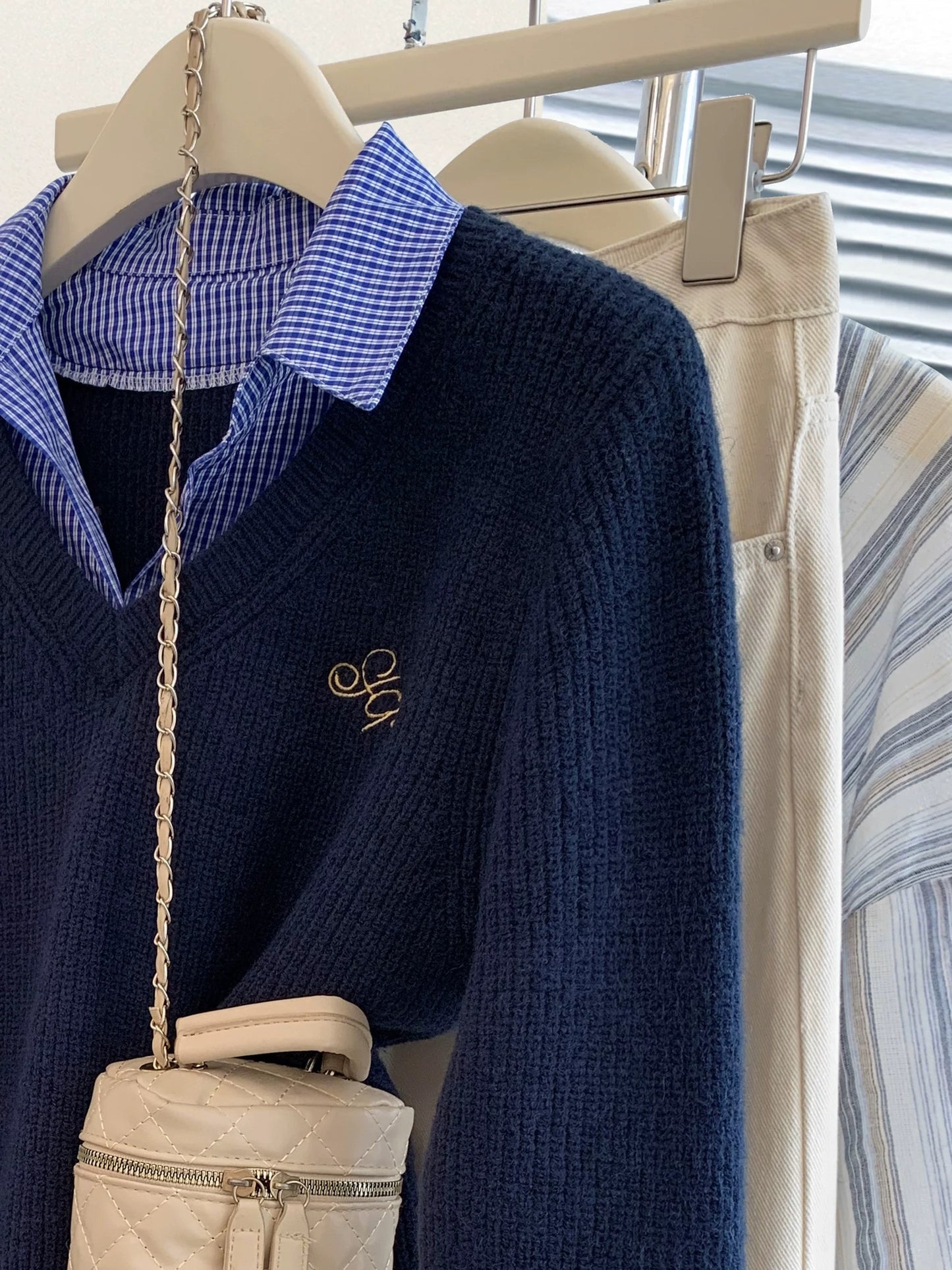 Blue Polo collar fake two-piece knitted sweater for women in early autumn, inner wear base sweater lapel pullover top