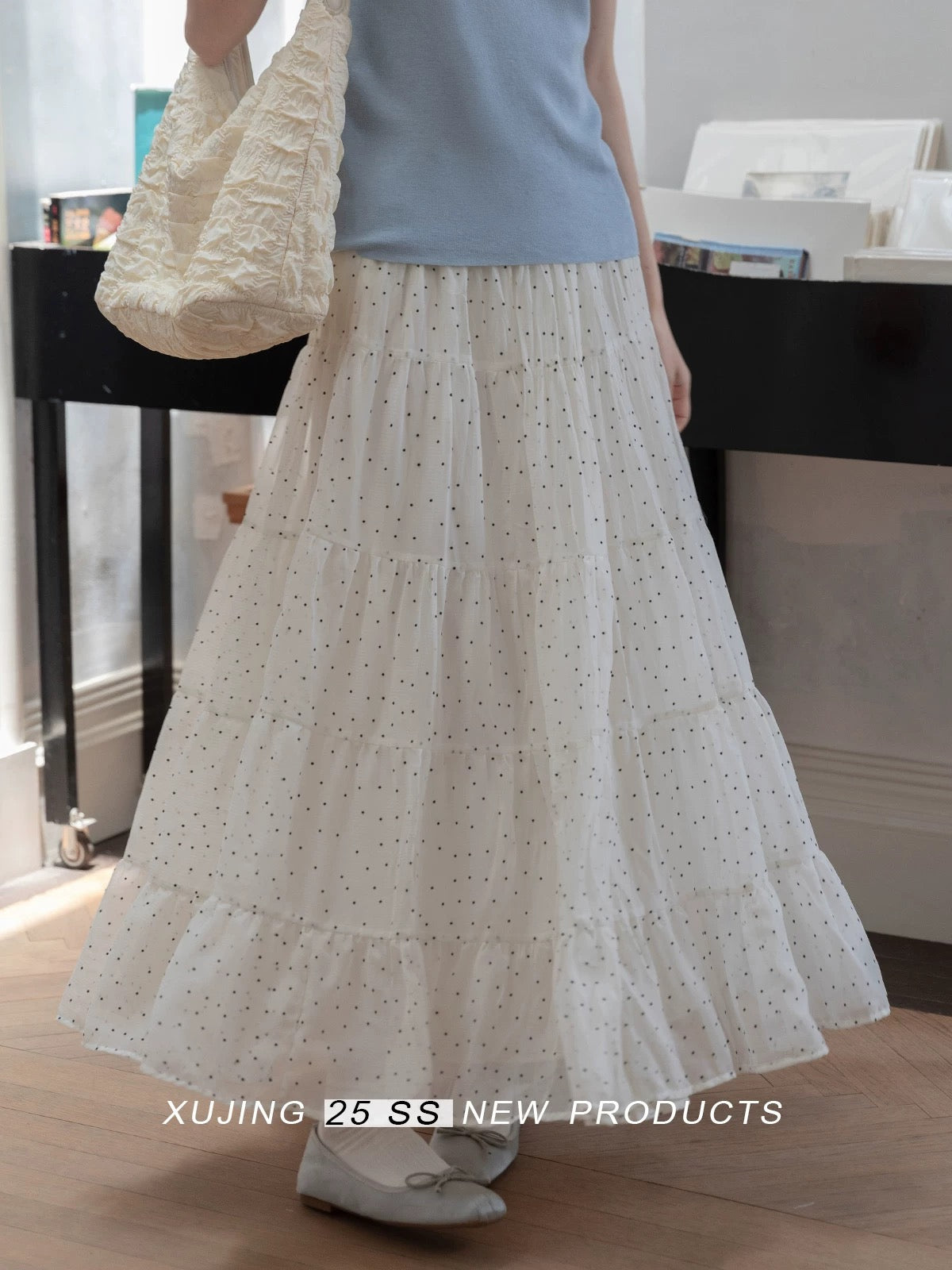 "Narrative Realm" French-style apricot polka dot high-waisted midi skirt for women, 2025 summer new fashion midi skirt.