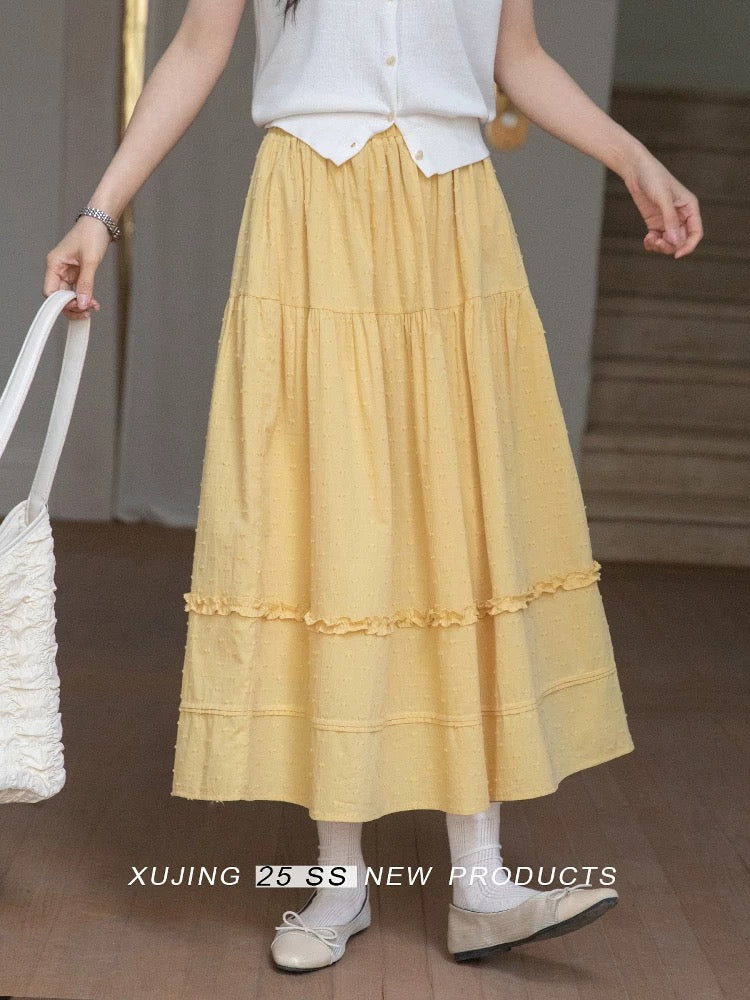 Narrative Yellow Midi Skirt for Women, High Waist, Slimming, New Summer Style, Elastic Waist, Mid-Length, Versatile, A-line Skirt