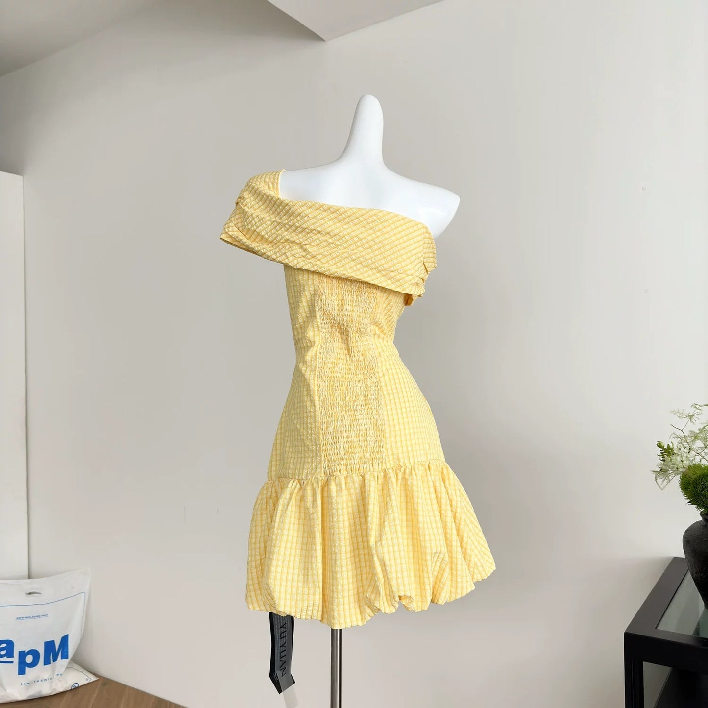 Youni homemade oblique shoulder yellow plaid three-dimensional flower bud texture A-line elastic waist dress