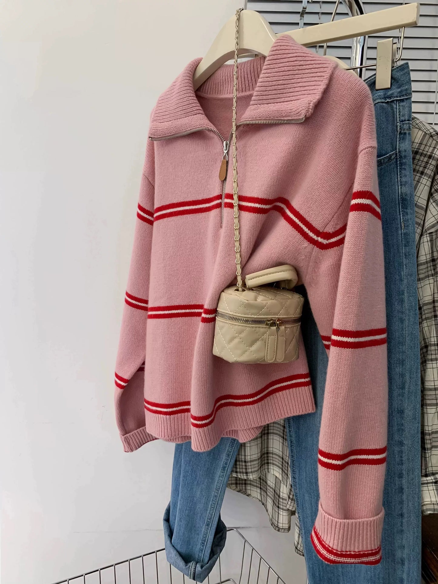 Polo collar half zipper striped sweater women's early autumn and winter lazy style knitted sweater pullover knitted sweater 2025 new