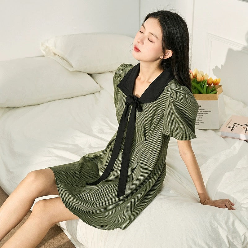 Tangshi 2023 new summer women's houndstooth pattern contrasting bow collar dress French forest style early spring outfit y