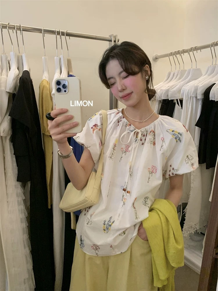 THE LEMON lemon green tea sweet shirt 2025 summer chic embroidery print lace-up versatile tops for women