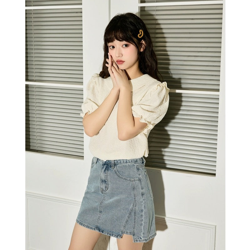Tangshi 2024 spring and summer new short-sleeved shirt for girls doll collar puff sleeve textured shirt sweet little man