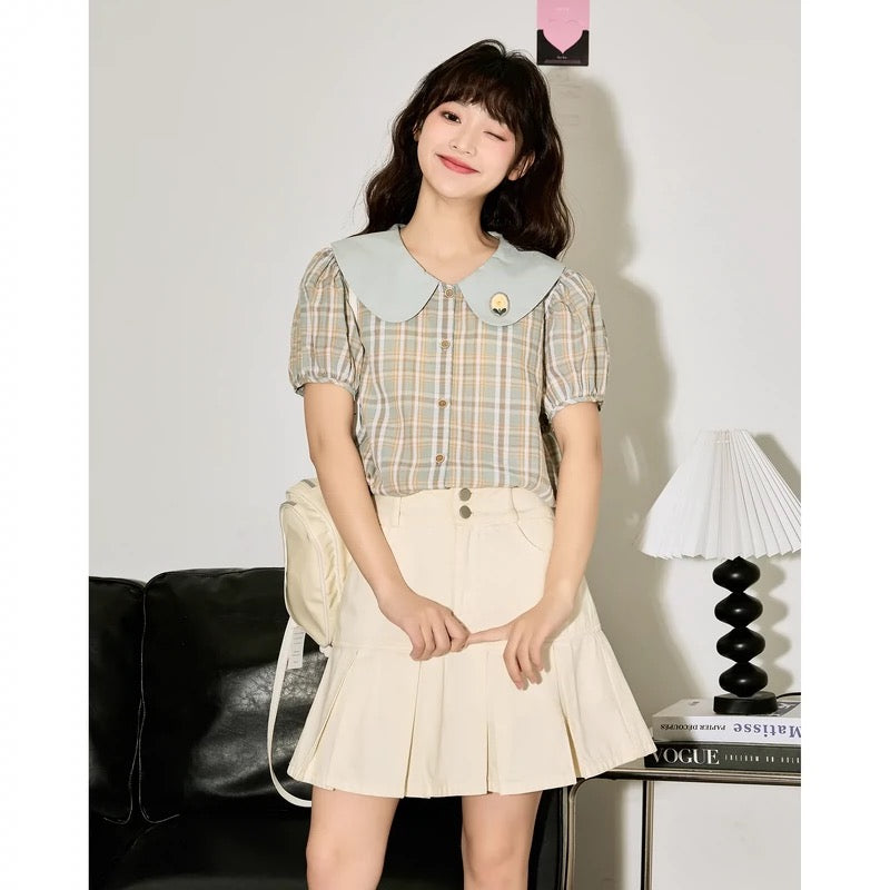 Tangshi 2024 Spring and Summer New Short-Sleeved Plaid Shirt Women's Doll Collar Shirt Loose Slim Puff Sleeve Top Sweet