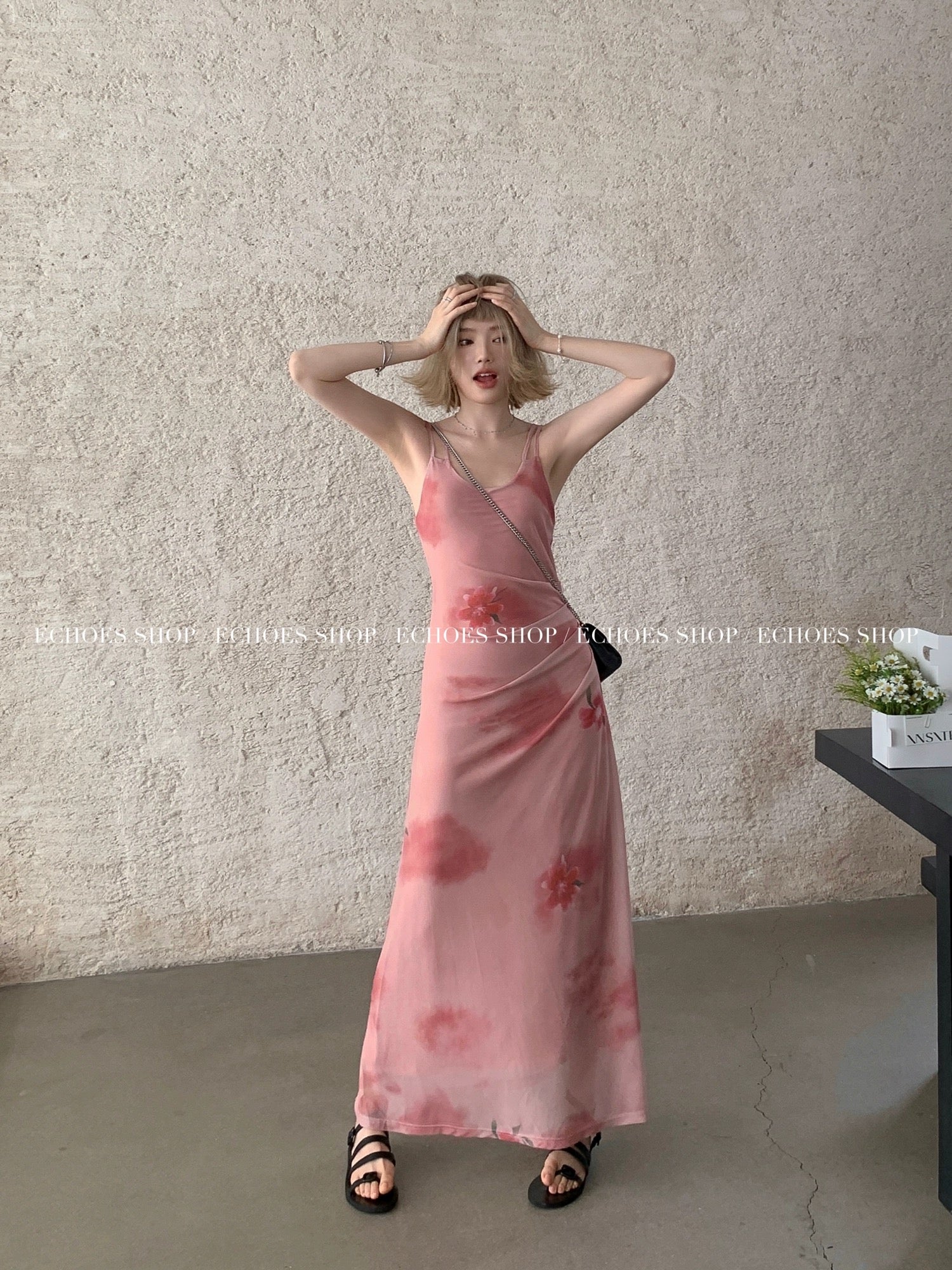 Echoes human peach double-layer mesh suspender dress with sweet and dr   Lee Nhi Boutique
