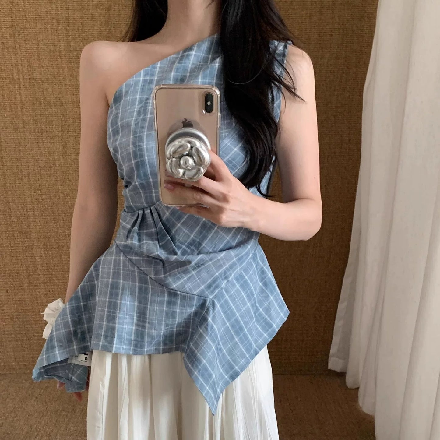 Retro blue plaid sleeveless camisole for women, design, niche, summer, irregular waist, slim fit, temperament top