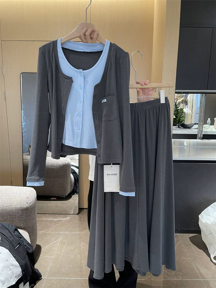 kisssister early spring new Korean version of round neck loose slim all-match solid color knitted cardigan + high waist skirt