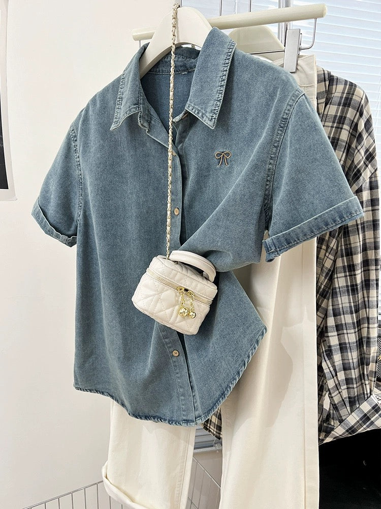 Blue embroidered bow right shoulder short-sleeved denim shirt for women summer design niche petite shirt top