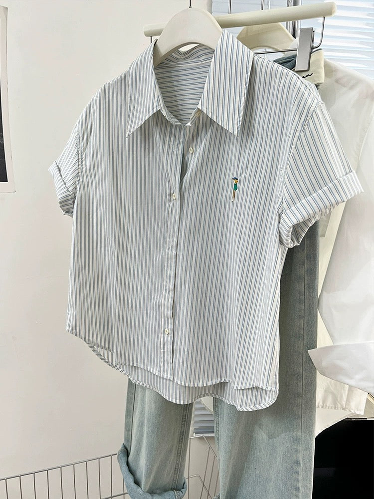 Striped embroidered right shoulder short-sleeved shirt for women summer 2024 new design niche shirt casual loose top