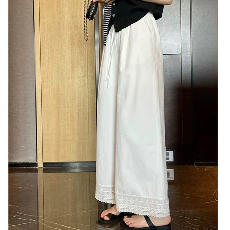 Pregnant women white straight wide-leg pants women spring and summer 2025 new lace splicing no belly support pregnant women casual pants
