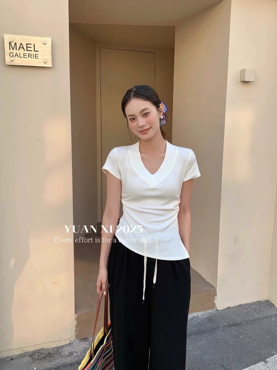 Simple style slim V-neck inner wear short-sleeved top with pleated waist irregular design slim and versatile short-sleeved T-shirt