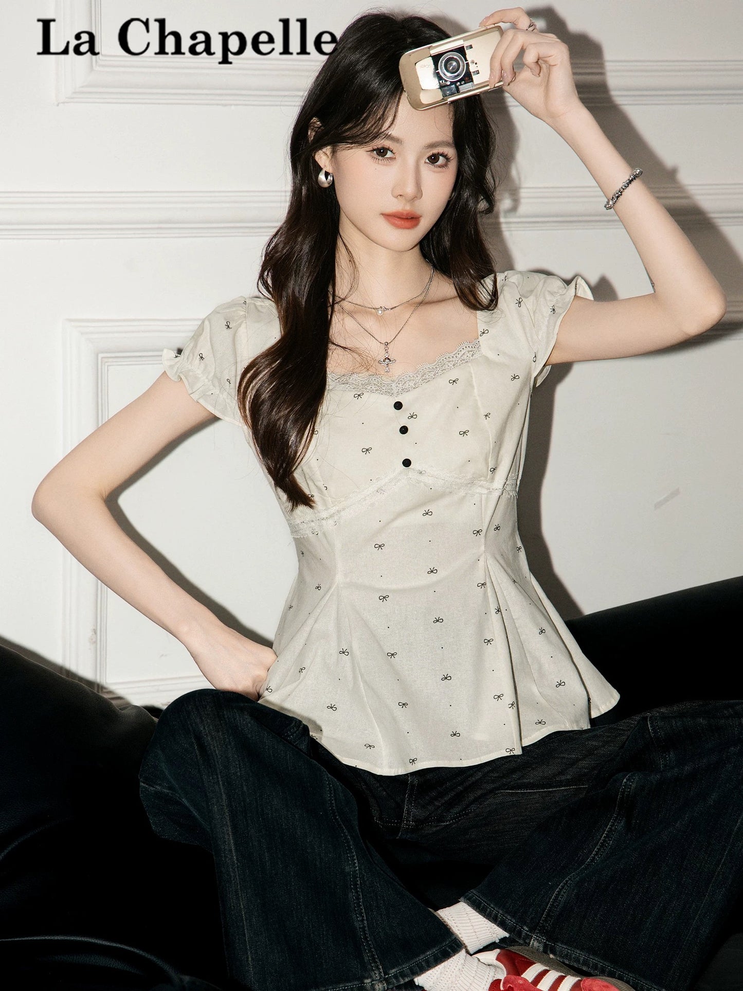 La Chapelle Sweet Lace Bow Puff Sleeve V-Neck Short Sleeve Shirt Women's 2026 Summer New Shirt Top