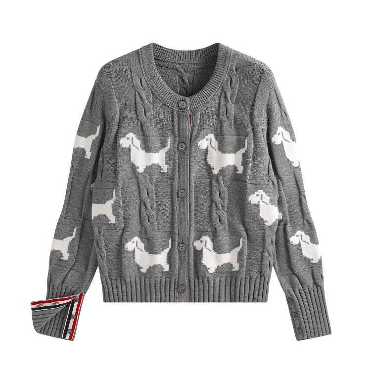 YIMISUN versatile design dog jacquard twist lazy round neck knitted cardigan women's top short jacket