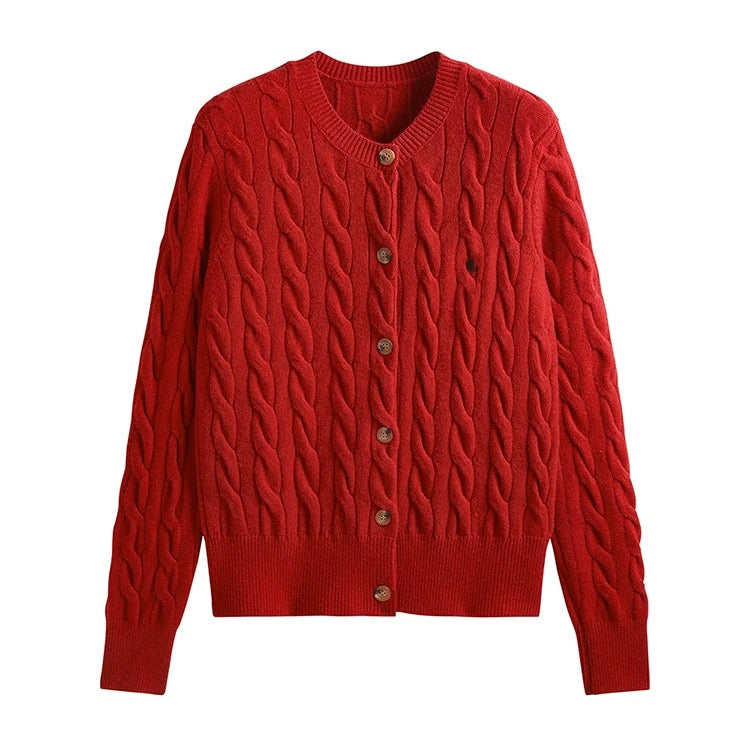 Kayu College Style Horse Embroidery Cable Retro Right Shoulder Knitted Cardigan Women's Twist Sweater Jacket Women's Top Trendy