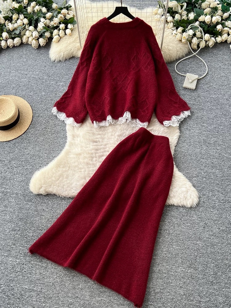 Gentle and sweet Korean style autumn two-piece set with bow, featuring a sweater and high-waisted skirt.
