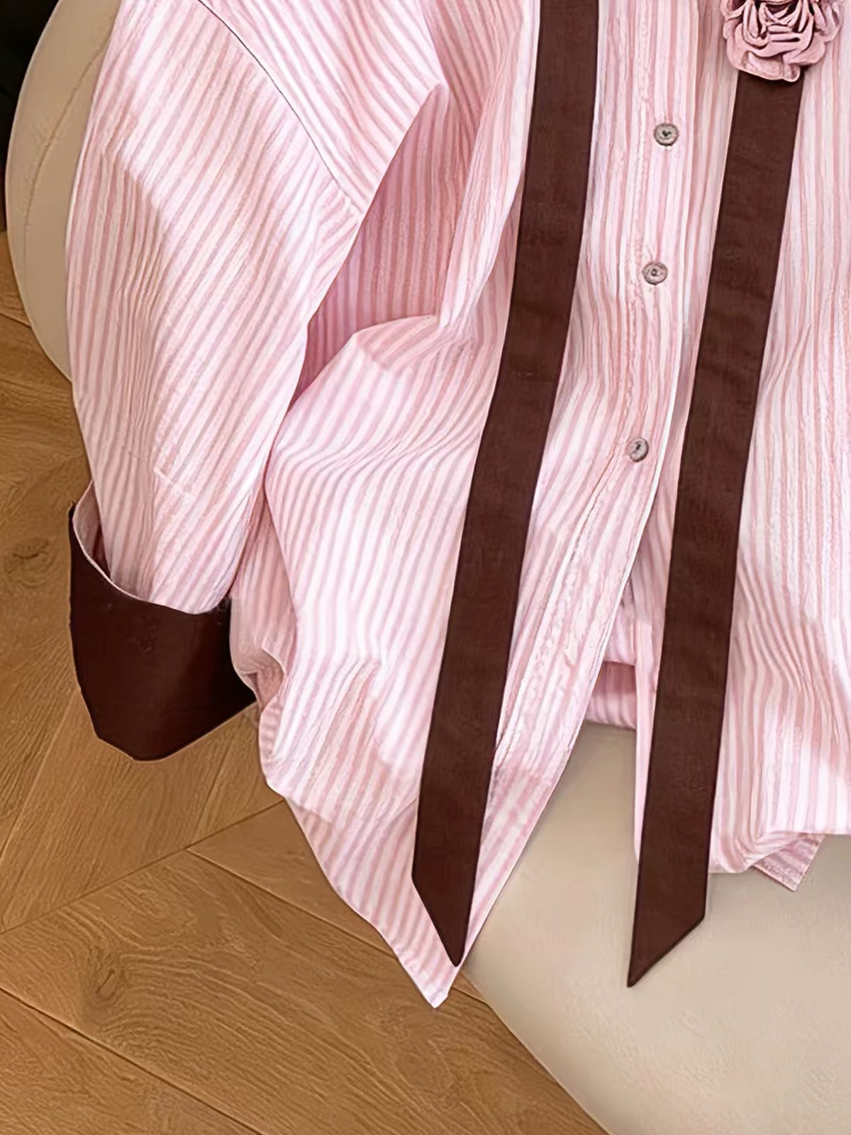 Women's pink long-sleeve shirt featuring a stylish color-block striped panel design, a classic collar, and a youthful, casual look—perfect for layering in spring and autumn.