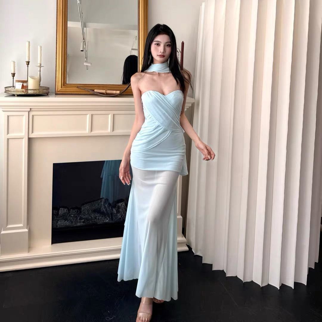 【JINGGUO Luxury】Niche Design, French Sexy Strapless Mesh Ribbon Dress 7392