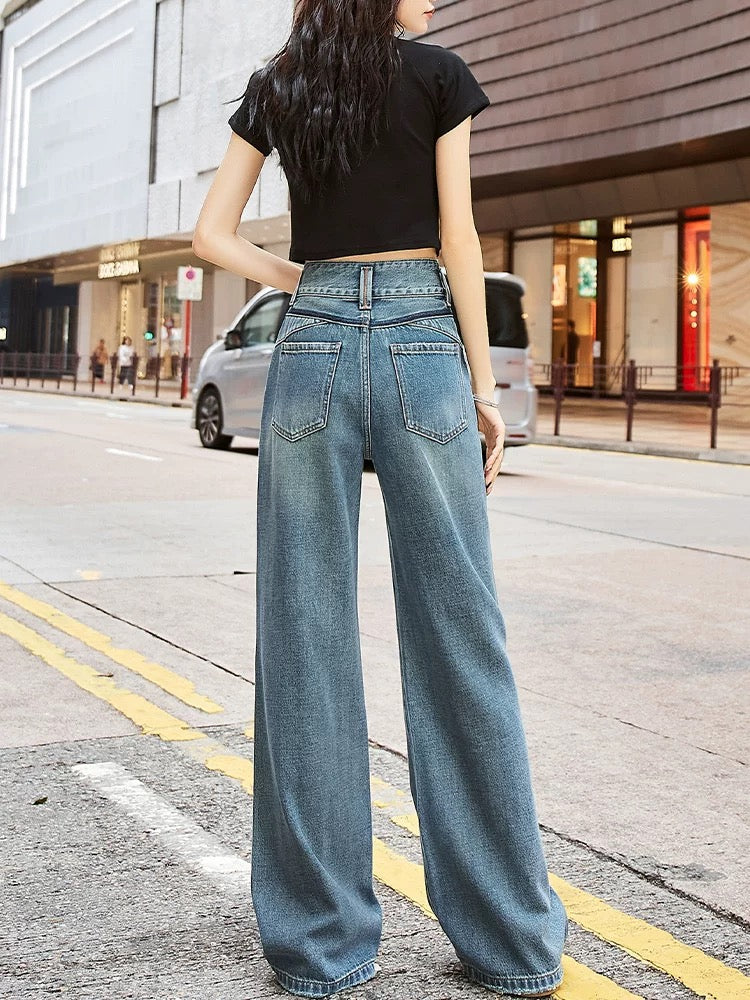 High-waisted double-button topstitched wide-leg jeans for women, straight-leg loose 2024 autumn new style drapey Hong Kong style trousers