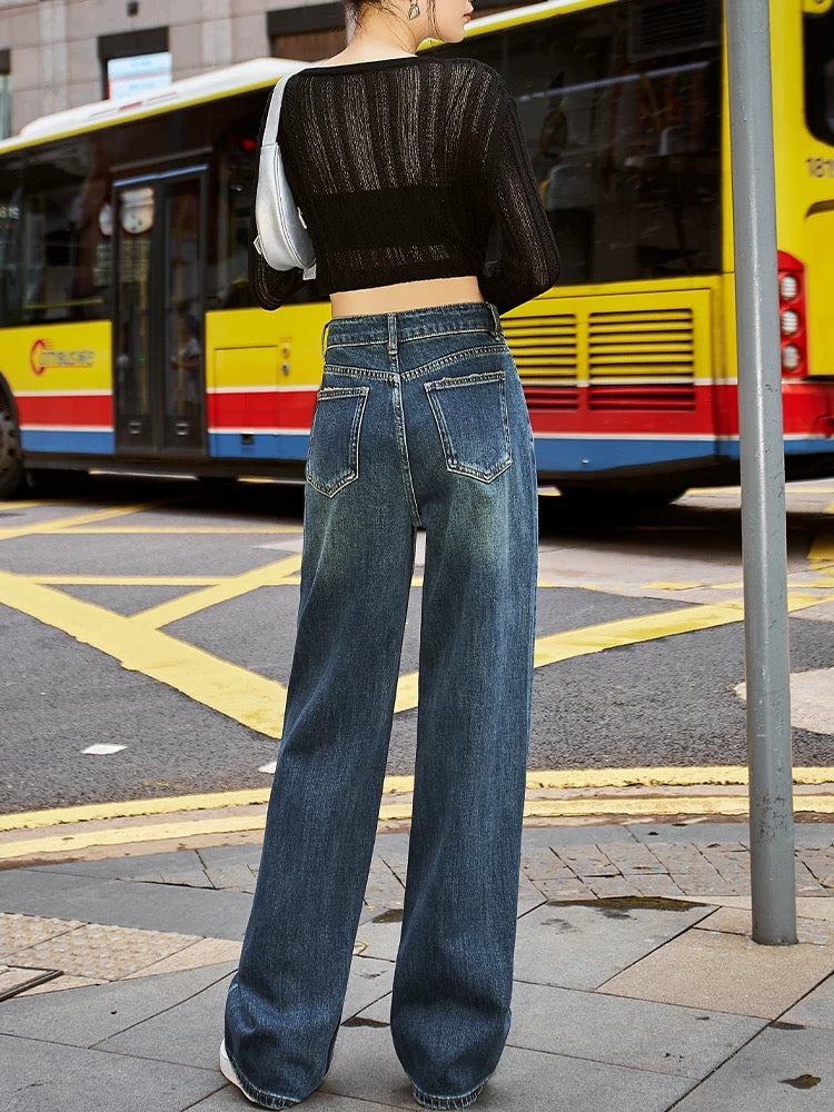 Hong Kong Style High Waist Narrow Straight Jeans Women's Loose Wide Legs 2024 Autumn and Winter New Style Long Pants with Diamonds