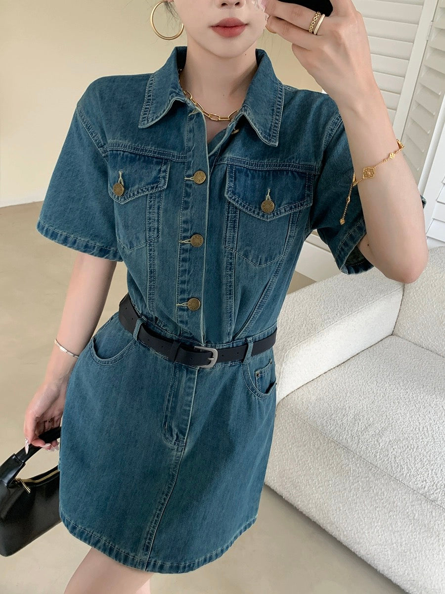 FT GUOGE blue denim dress for women 2024 new summer style super nice retro waist slimming short skirt
