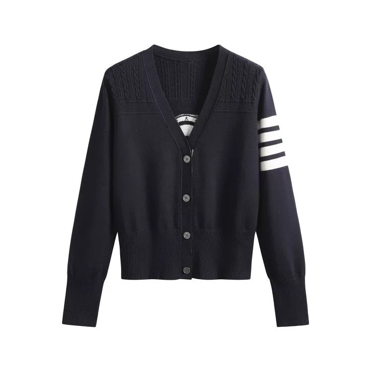 tbb new 2022 early autumn puppy badge v-neck sweater college style four-bar jacquard cardigan women's long-sleeved jacket