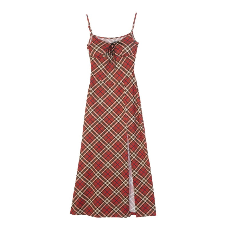 First Ring red plaid hottie slit suspender skirt dress for women with lace-up waist long skirt with breast pads
