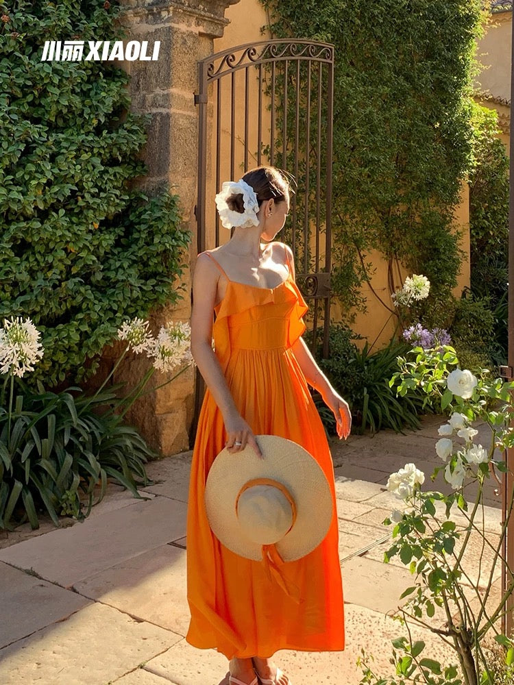 Xiaoli Capri Island Orange Suspender A-Line Dress Summer Dopamine Vacation Beautiful Temperament Waist Long Skirt