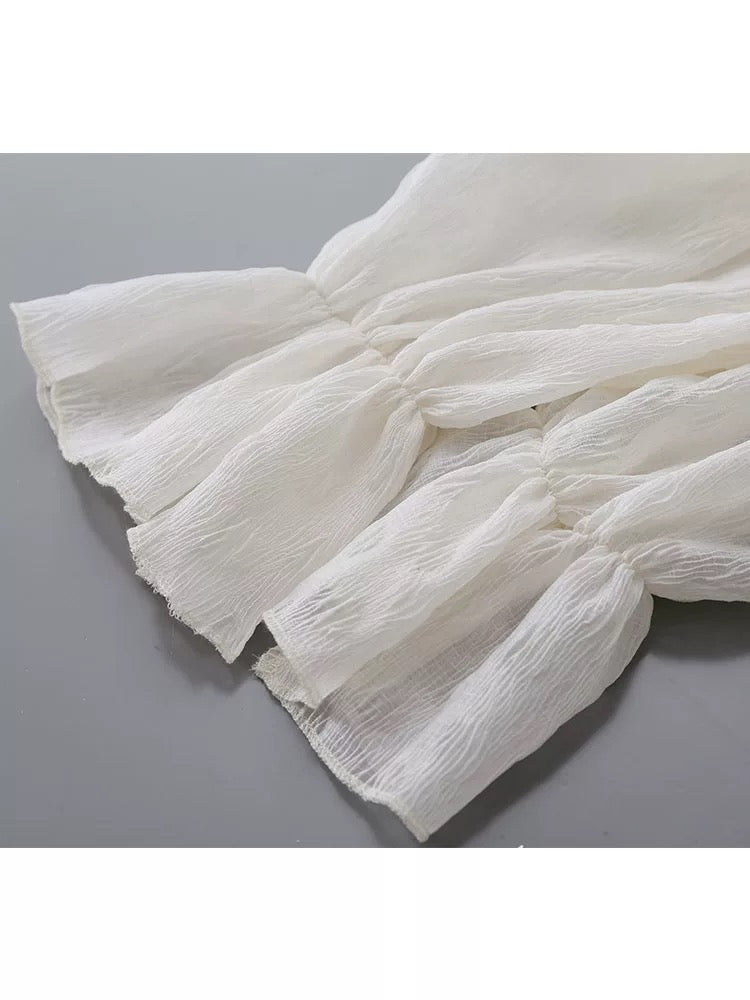 2025 Spring and Autumn New Apricot Wood Ear Edge Stand Collar Shirt Women's Niche Puff Sleeves Drape Trumpet Sleeves Chic Tops