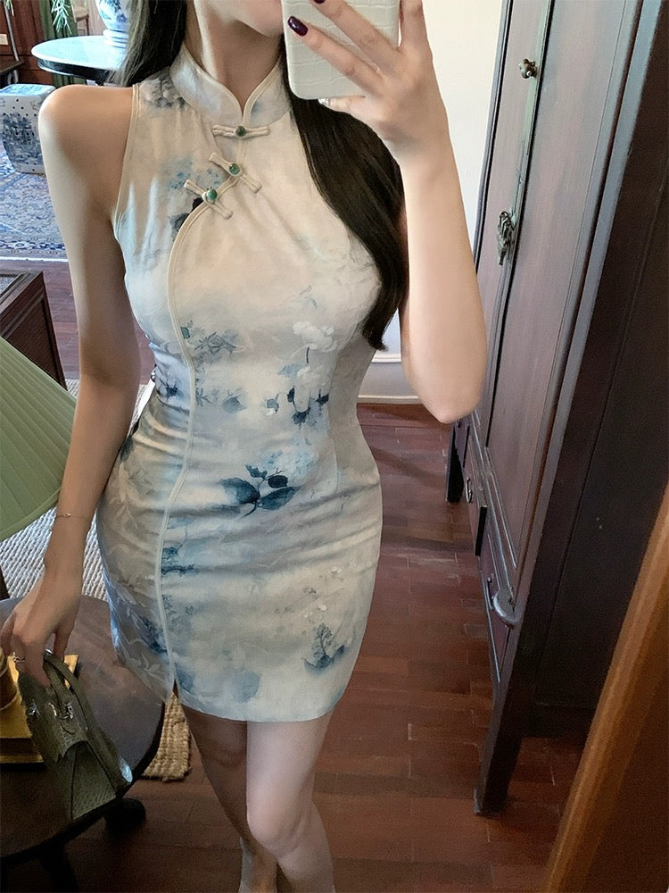 Han Yujia New Chinese Style Satin Improved Cheongsam Dress Women's Spring and Summer Sleeveless Hip-covering Slim Floral Skirt