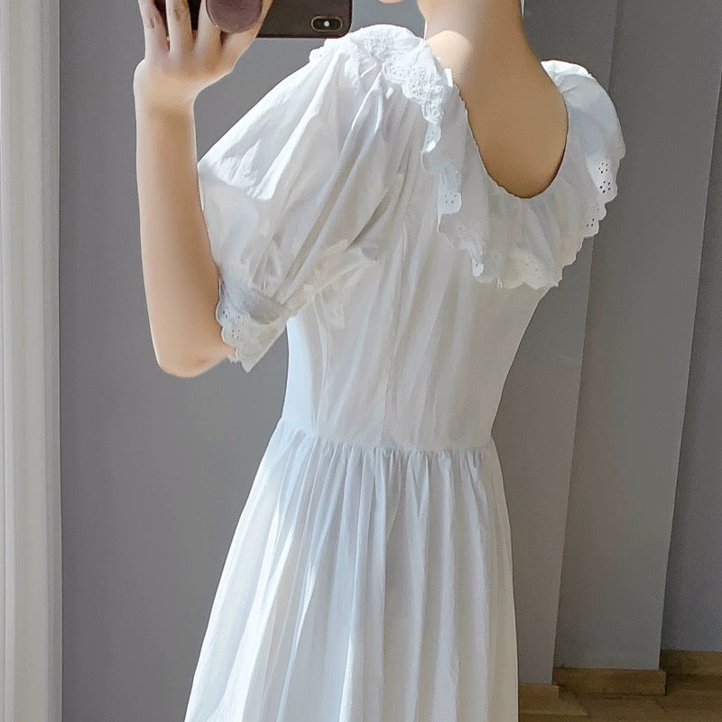 2024 new summer design French first love skirt waist slimming white puff sleeve fairy dress