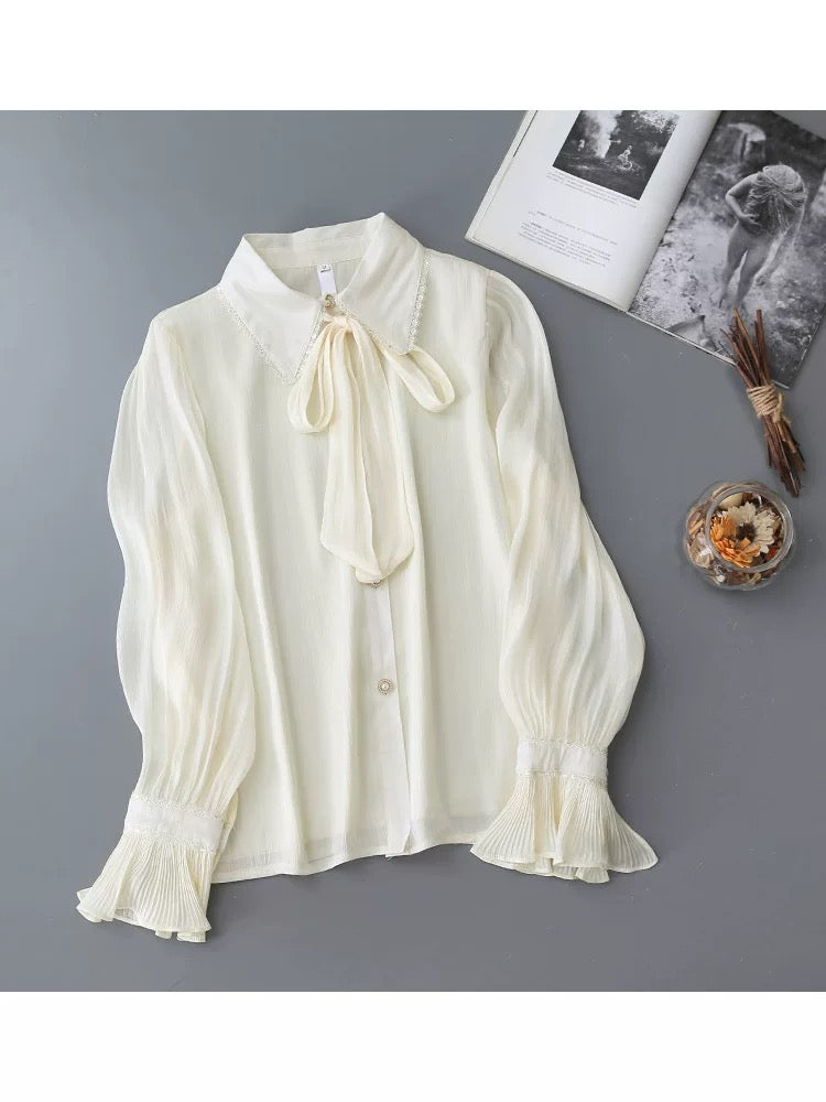 Temperamental mercerized double-layer anti-transparent lantern sleeve shirt for women in summer, niche design, long-sleeved bowknot chic top