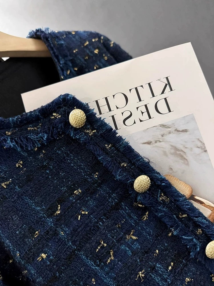 Dark blue lining down warm small fragrance women's short jacket 2023 new winter light luxury lady top trend
