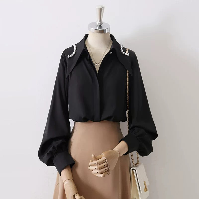 2025 Spring and Autumn Design Satin High-end Irregular Pearl Lapel Shirt Women's Niche Drape Chic Tops