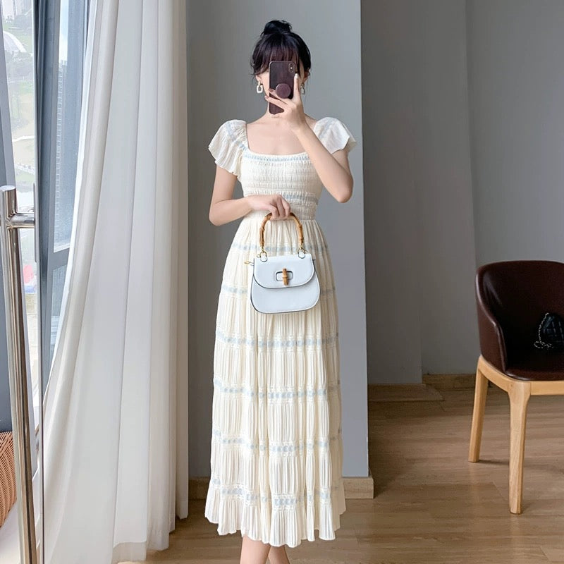 2024 new summer design French first love skirt waist slimming gentle style dress square neck long skirt