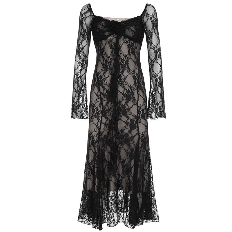 Amyway【Pure Desire Retro】Sexy floral ribbon hook-and-loop lace splicing micro-flared sleeves mesh long skirt