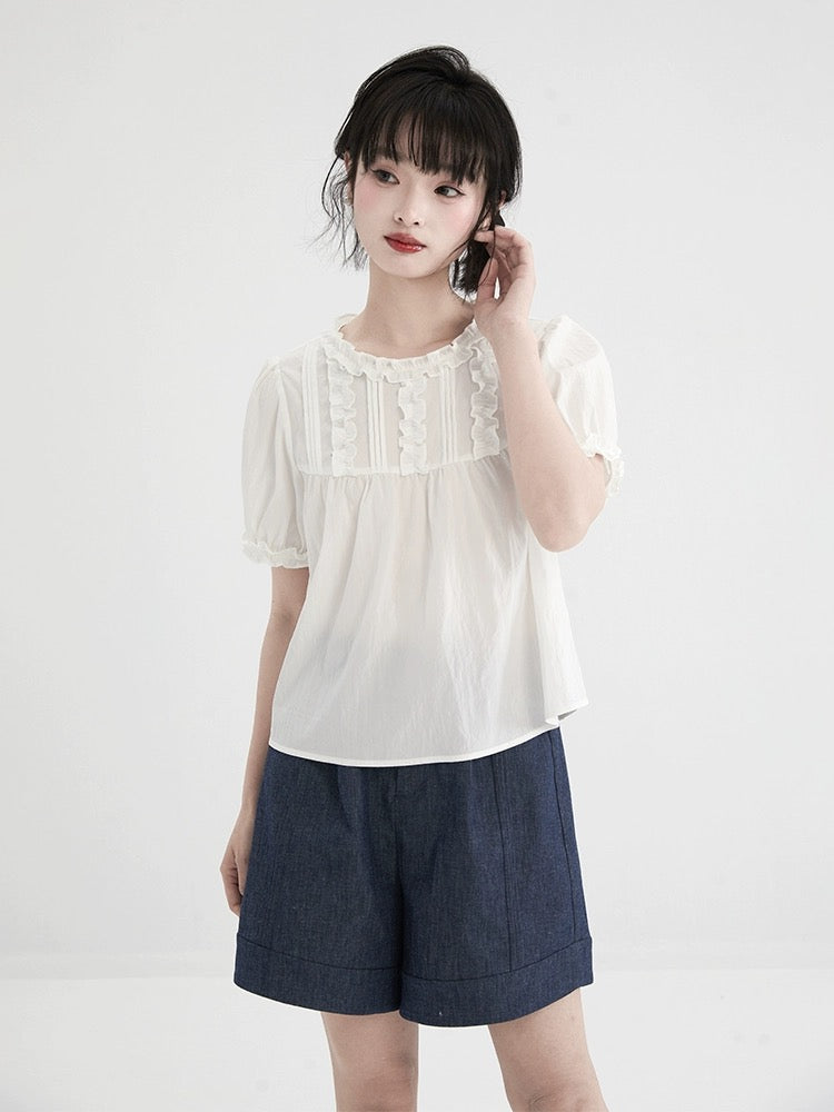 Shallot's well-cut white lace collar short-sleeved shirt for women's summer design, loose and sweet, age-reducing puff-sleeved top